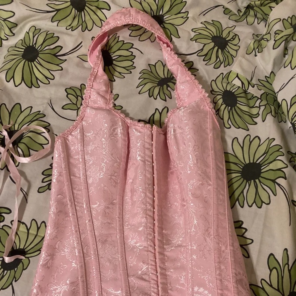 Y2K Barbiecore Pink Satin Lace Halter Boned Corset Bustier Top